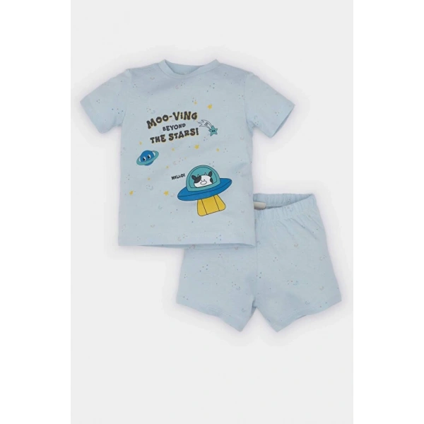 Defacto %100 Pamuklu Yıldız Desenli Beli Lastikli Pijama Takımı Erkek Bebek