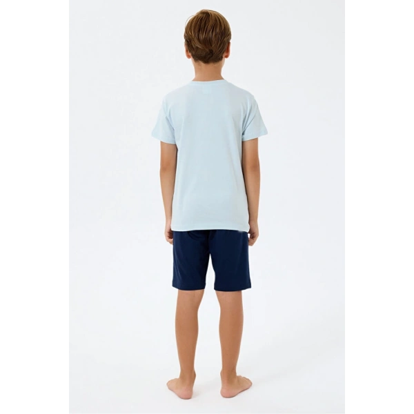 Rolypoly Erkek Çocuk Bisiklet Yaka Baskılı Yazlık Regular Fit Mavi Bermuda Takım