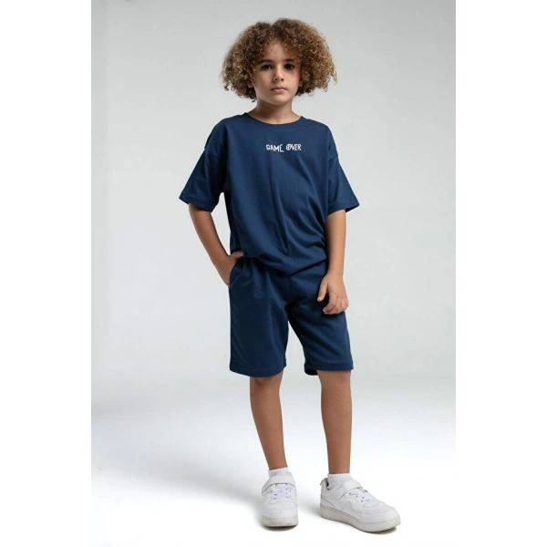 Rolypoly Erkek Çocuk Baskılı Yazlık Regular Fit Mavi Bermuda Takım