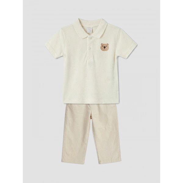 LC Waikiki baby Ekru Polo Yaka Nakışlı Erkek Bebek Takım