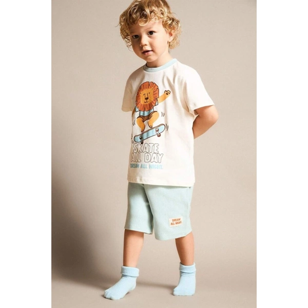 Defacto Hayvan Baskılı 2li Pijama Açık Mavi Takımı Erkek Bebek