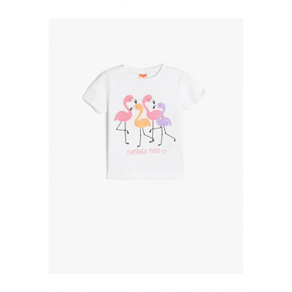 Koton Flamingo Baskılı Bisiklet Yaka Pamuklu Kısa Kollu Tişört