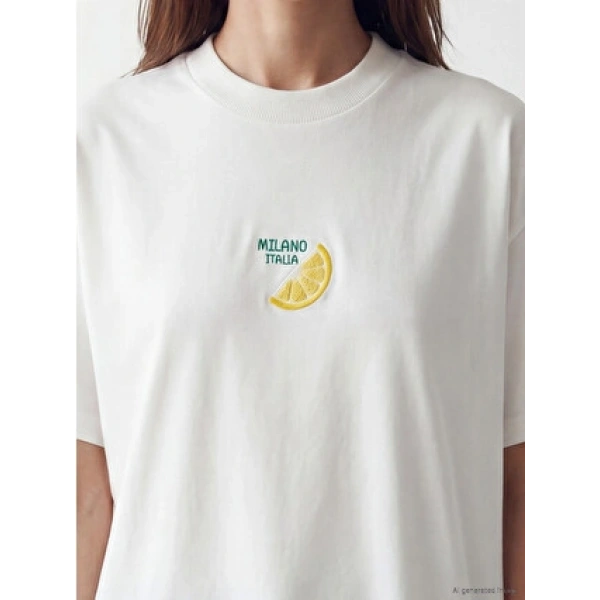 LC Waikiki Beyaz Limon Nakışlı %100 Pamuklu Kadın Tişört