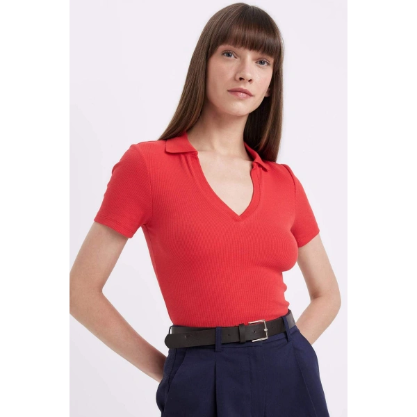 DEFACTO Slim Fit Dar Kesim Fitilli Kaşkorse Kısa Kollu Polo Tişört