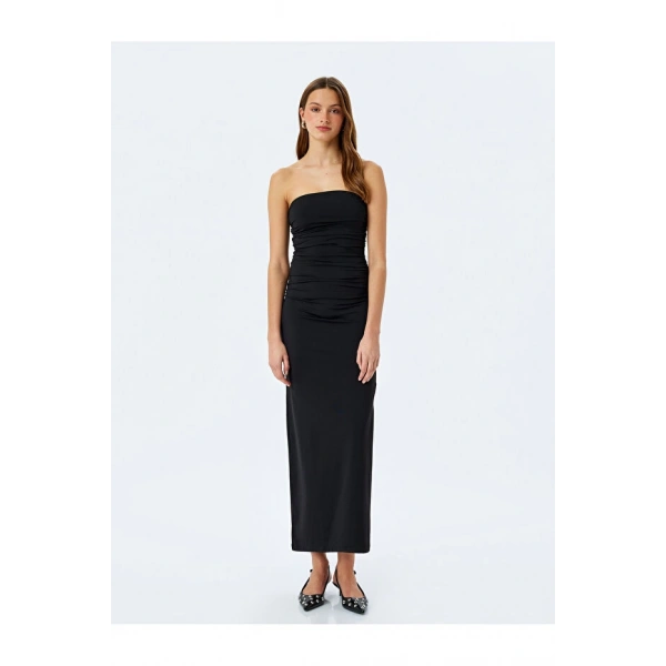 Koton Slim Fit Drapeli Midi Boy Straplez Elbise
