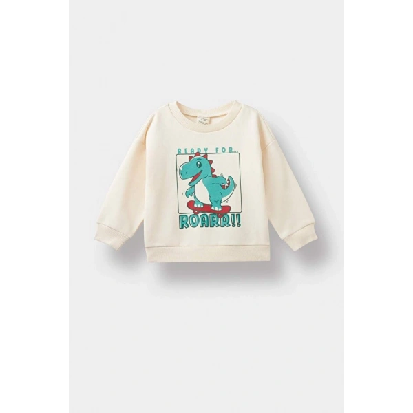 Defacto Bisiklet Yaka Dinozor Baskılı İçi Yumuşak Tüylü Sweatshirt Erkek Bebek
