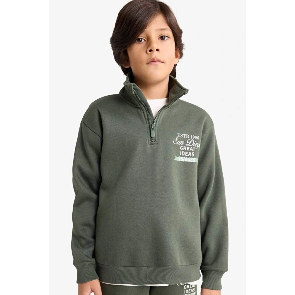 Defacto Yarım Fermuarlı İçi Yumuşak Tüylü Baskılı Sweatshirt Erkek Çocuk