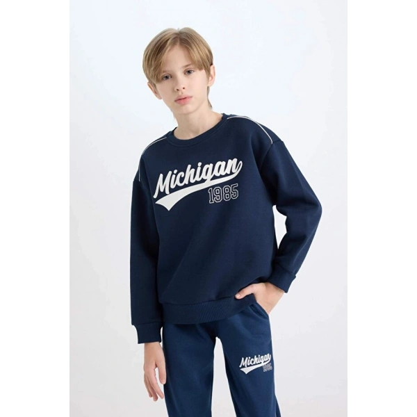 Defacto Lacivert Oversize Geniş Kalıp Bisiklet Yaka Baskılı Sweatshirt Erkek Çocuk