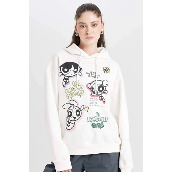 Defacto Oversize Geniş Kalıp Kapüşonlu Baskılı Kalın Sweatshirt