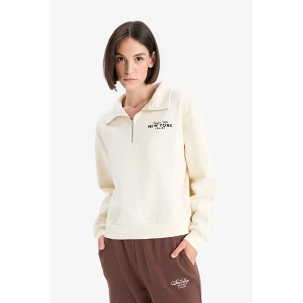 Defacto Regular Fit Yarım Fermuarlı Baskılı Kalın Sweatshirt