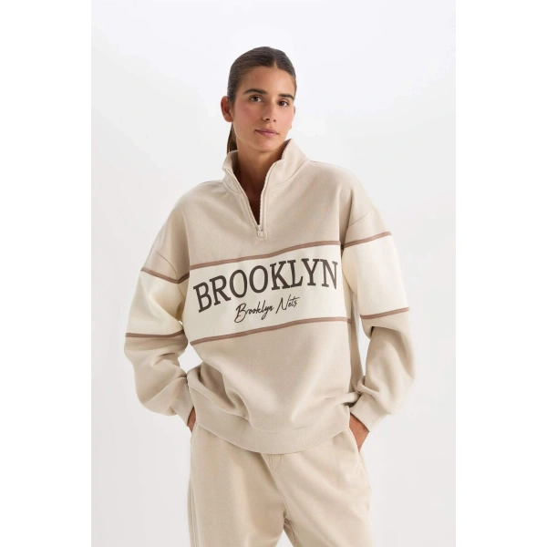 DeFacto Oversize Geniş Kalıp Dik Yaka Fermuarlı Kalın Sweatshirt