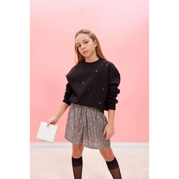 Defacto Oversize Geniş Kalıp Bisiklet Yaka Taşlı Sweatshirt
