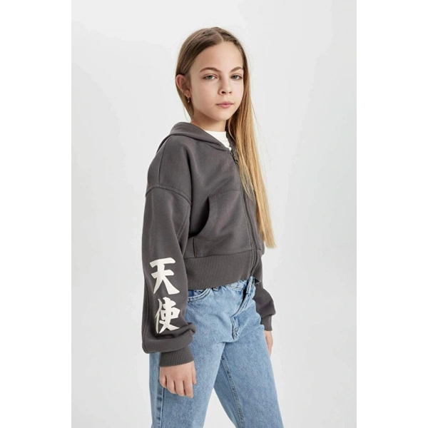 Defacto Kapüşonlu Fermuarlı Sweatshirt Kız Çocuk