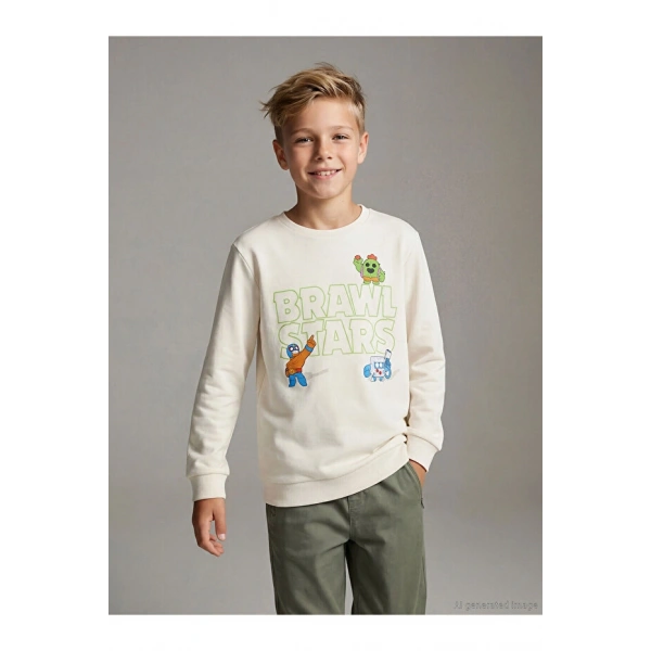LC Waikiki Bej Bisiklet Yaka Baskılı Erkek Çocuk Sweatshirt