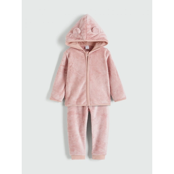 LC Waikiki Pembe Kapüşonlu Kız Bebek Pelüş Eşofman Takım