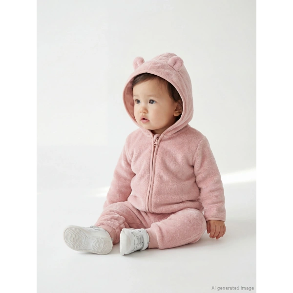 LC Waikiki Pembe Kapüşonlu Kız Bebek Pelüş Eşofman Takım