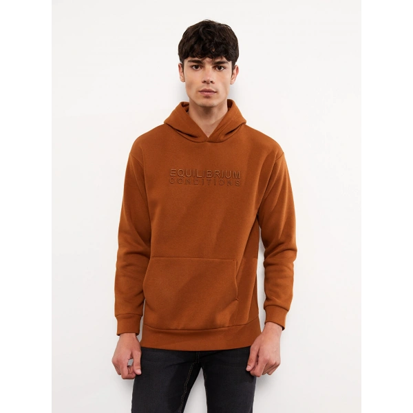 LC Waikiki Kahverengi Uzun Kollu Nakışlı Erkek Kalın Hoodie
