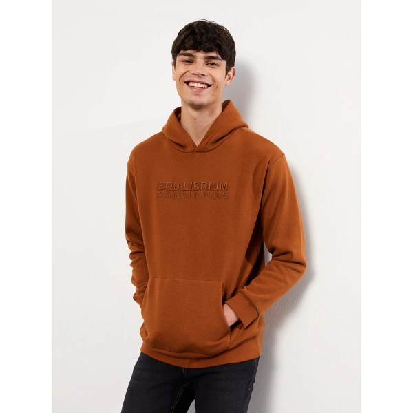 LC Waikiki Kahverengi Uzun Kollu Nakışlı Erkek Kalın Hoodie