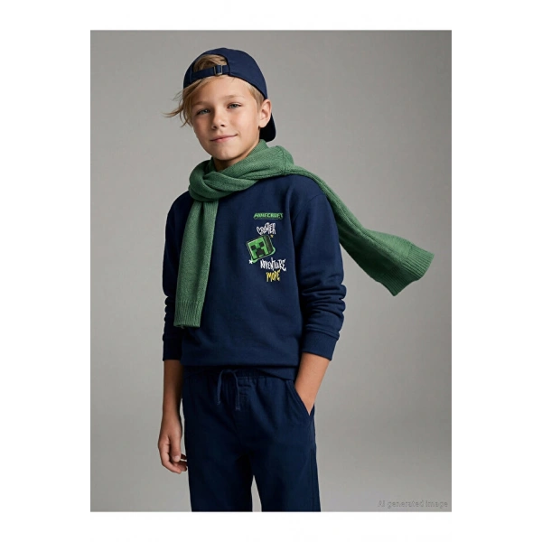 LC Waikiki Lacivert Bisiklet Yaka Baskılı Erkek Çocuk Kalın Sweatshirt