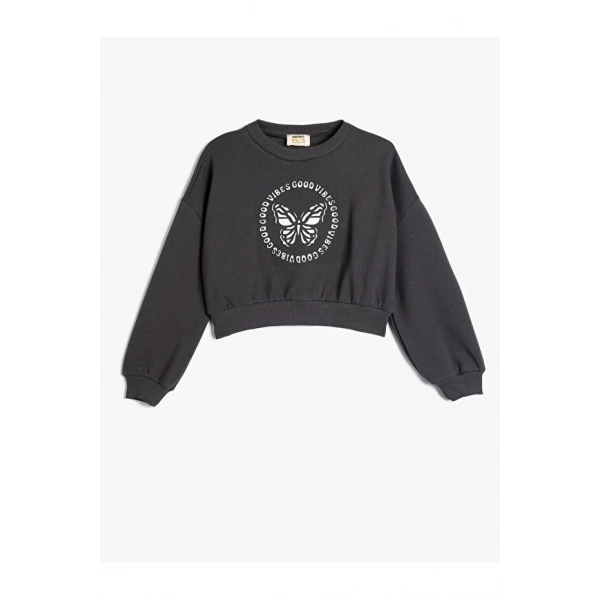 Koton Oversize Sweatshirt Kelebek Baskılı Uzun Kollu Bisiklet Yaka Pamuklu Şardonlu