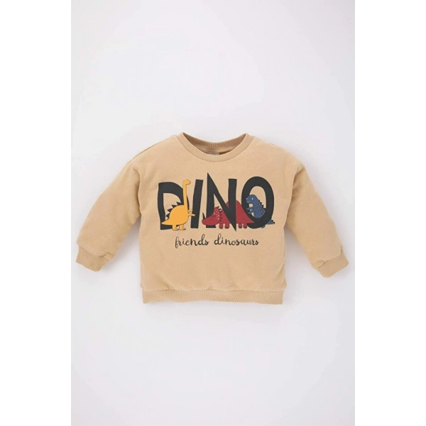 Defacto Erkek Bebek Bisiklet Yaka Dinazor Baskılı İçi Yumuşak Tüylü Sweatshirt