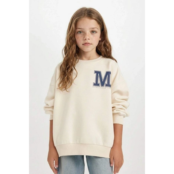 Defacto Oversize Geniş Kalıp Bisiklet Yaka Baskılı Sweatshirt Kız Çocuk