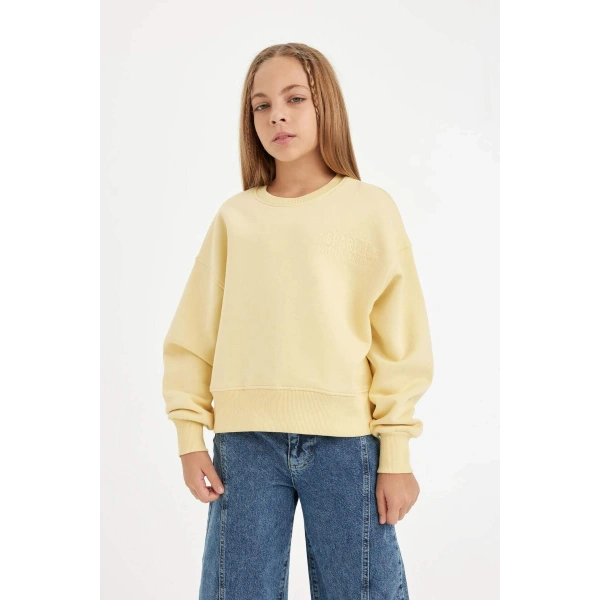 DEFACTO Kız Çocuk Relax Fit Bisiklet Yaka Baskılı Sweatshirt