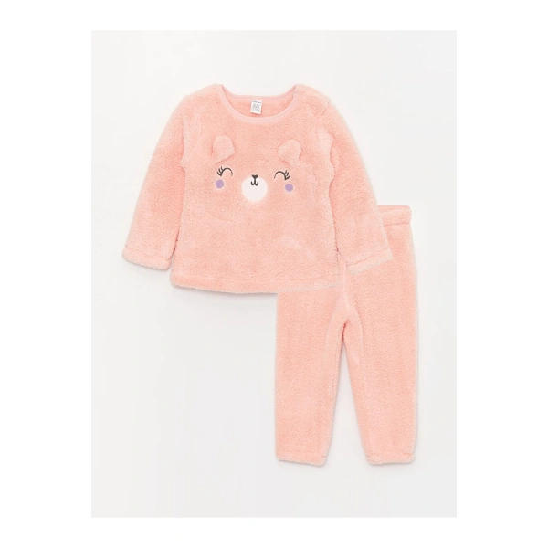 LC Waikiki Pembe Bisiklet Yaka Uzun Kollu Nakışlı Pelüş Kız Bebek Pijama Takımı
