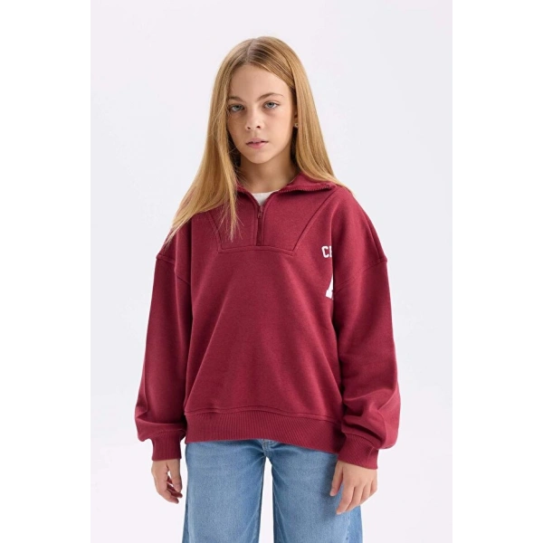 Defacto Kız Çocuk Oversize Geniş Kalıp Fermuarlı Dik Yaka Baskılı İçi Yumuşak Tüylü Sweatshirt