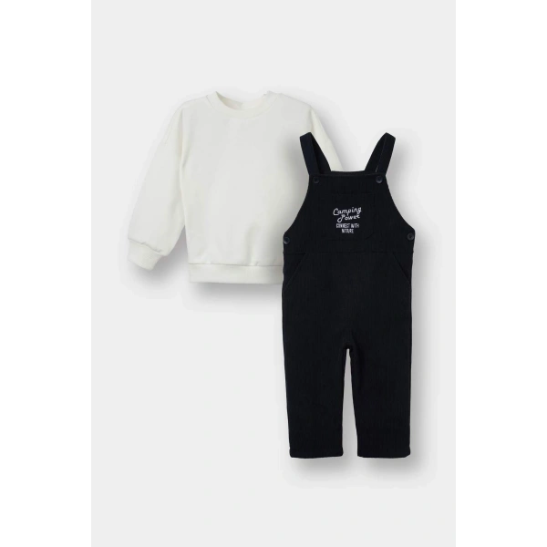 DEFACTO 2li Takım Basic Düz Sweatshirt Fitilli Kadife Salopet Erkek Bebek