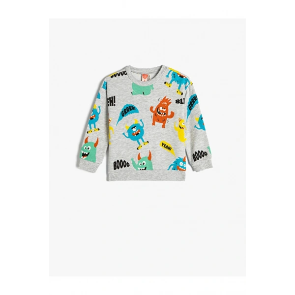 Koton Sweatshirt Canavar Baskılı Şardonlu Bisiklet Yaka