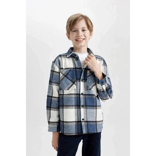 Defacto Erkek Çocuk Oversize Geniş Kalıp Polo Yaka Flanel Uzun Kollu Gömlek