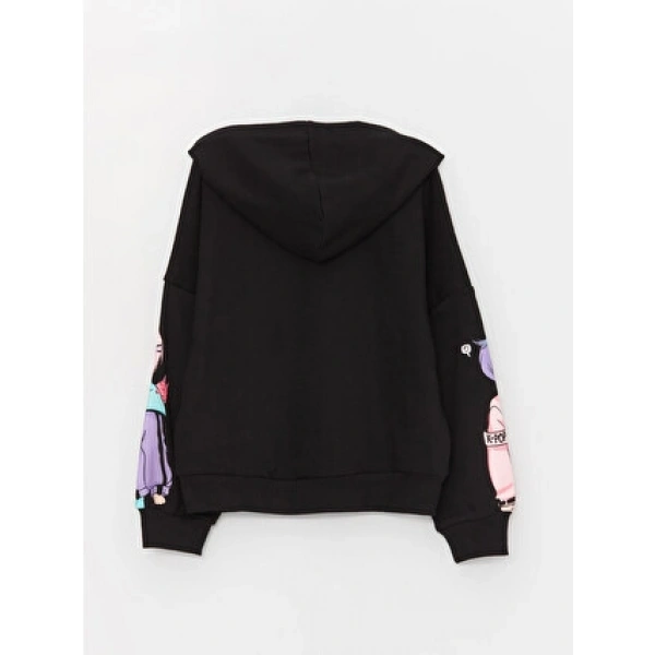 LC Waikiki Siyah Baskılı Uzun Kollu Kız Çocuk Hoodie