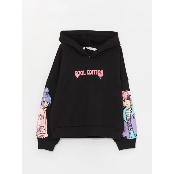 LC Waikiki Siyah Baskılı Uzun Kollu Kız Çocuk Hoodie