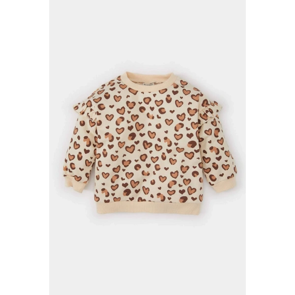 DEFACTO Kız Bebek Bisiklet Yaka Leopar Desenli İçi Yumuşak Tüylü Sweatshirt