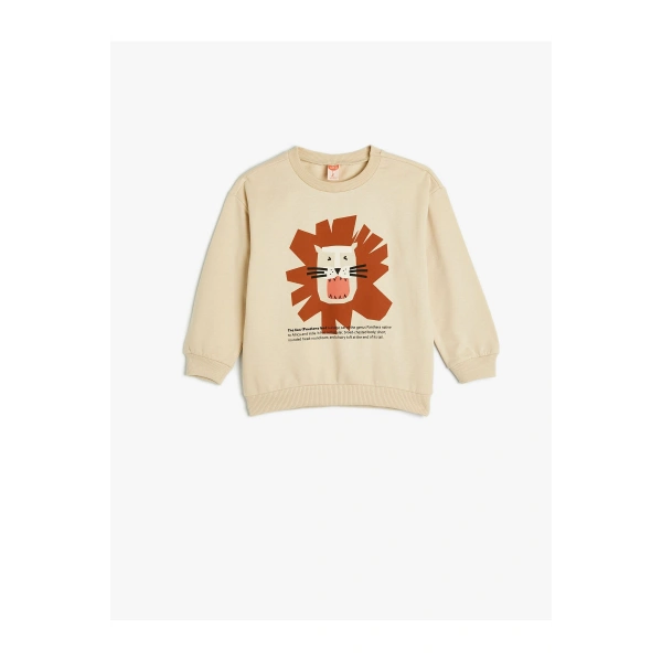 KOTON Aslanlı Sweatshirt Uzun Kollu Bisiklet Yaka Şardonlu Pamuklu