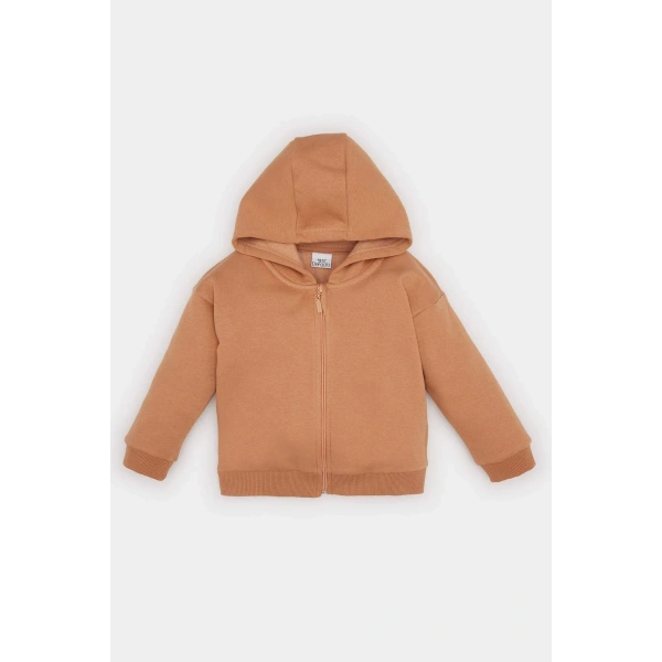 DEFACTO Kız Bebek Kapüşonlu İçi Yumuşak Tüylü Fermuarlı Sweatshirt