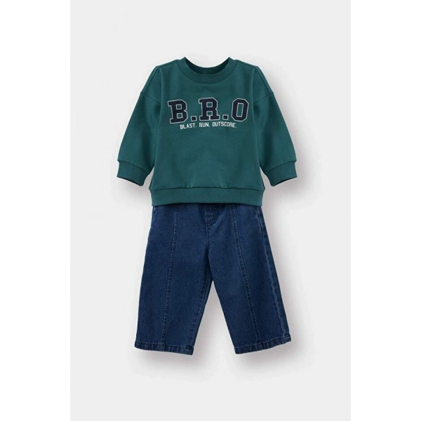 Defacto 2li Takım Baskılı Sweatshirt Jean Pantolon Erkek Bebek