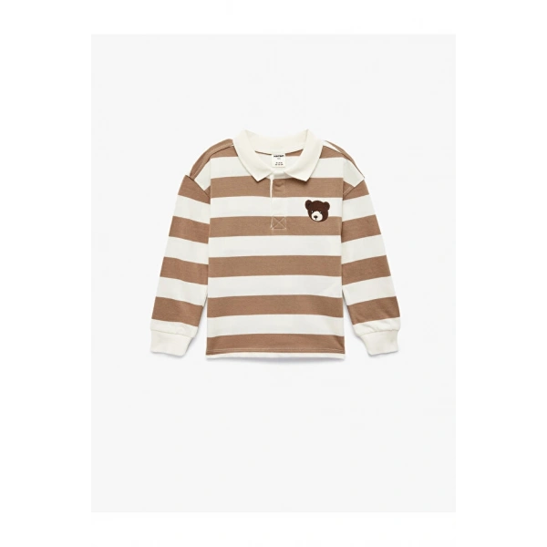 Koton Pamuklu Ayıcık Nakış Detaylı Uzun Kollu Polo Yaka Çizgili Sweatshirt