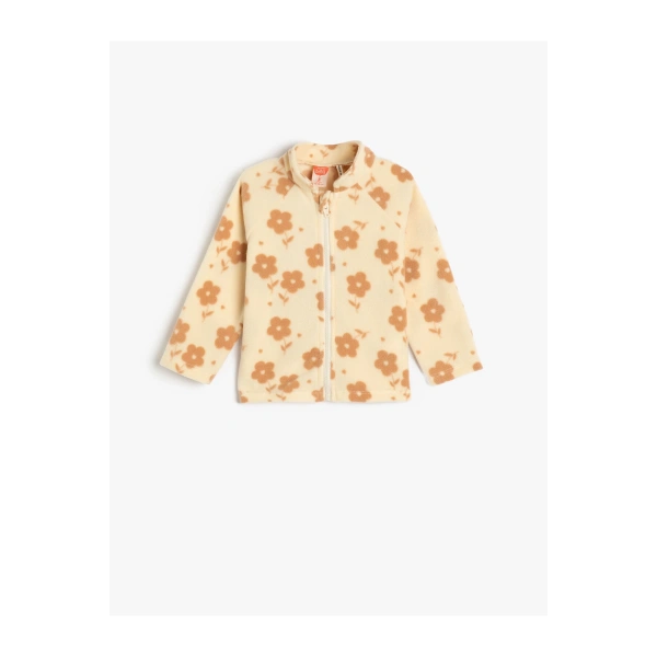 Polar Sweatshirt Fermuarlı Uzun Kollu Dik Yaka Çiçek Desenli