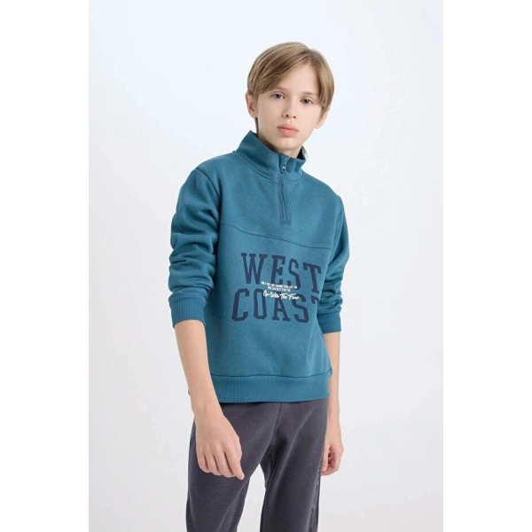 Defacto Yarım Fermuarlı Dik Yaka Baskılı Sweatshirt Erkek Çocuk