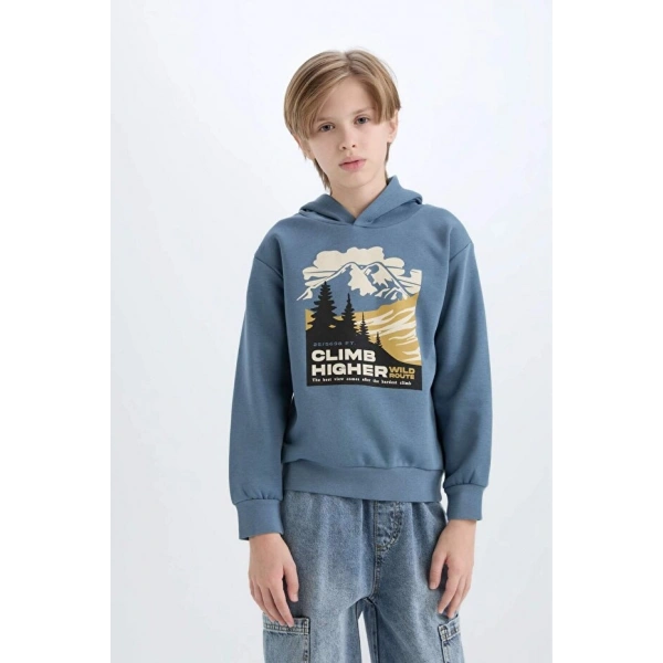 Defacto Pamuklu Regular Fıt Uzun Kollu Kapüşonlu Baskılı Sweatshirt Erkek Çocuk