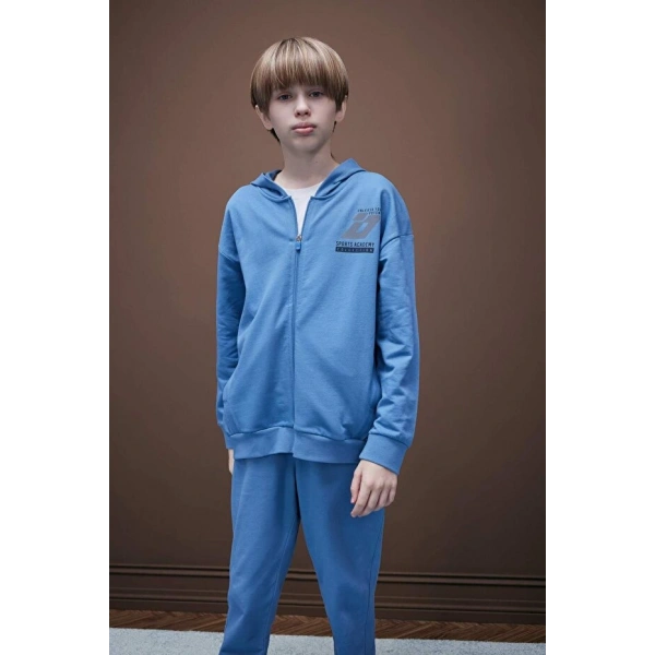 Defacto %100 Pamuk Baskılı Kapüşonlu Fermuarlı Sweatshirt Erkek Çocuk