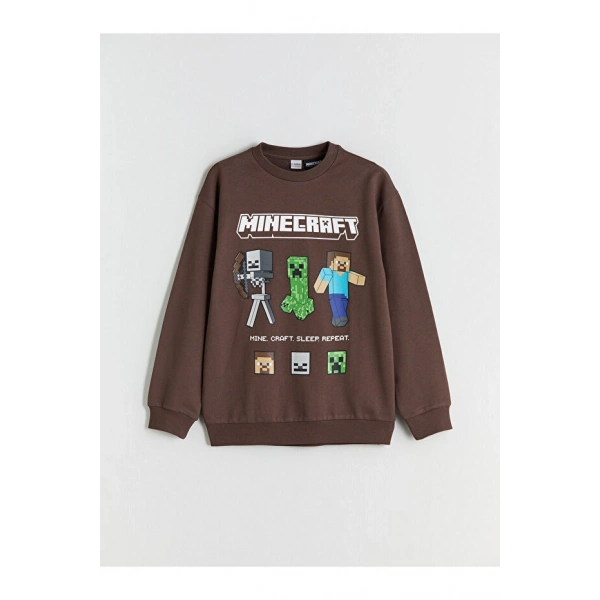 LC Waikiki Kahverengi Bisiklet Yaka Baskılı Erkek Çocuk Sweatshirt