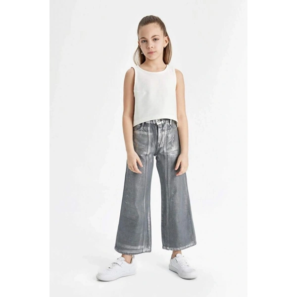 Defacto Kız Çocuk Wide Leg Geniş Bol Paça Parlak Jean Pantolon
