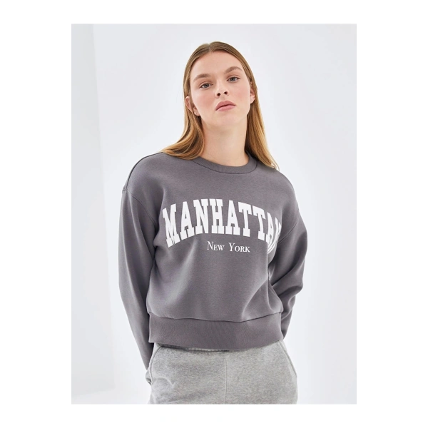LC Waikiki Gri Bisiklet Yaka Baskılı Oversize Kadın Kalın Sweatshirt