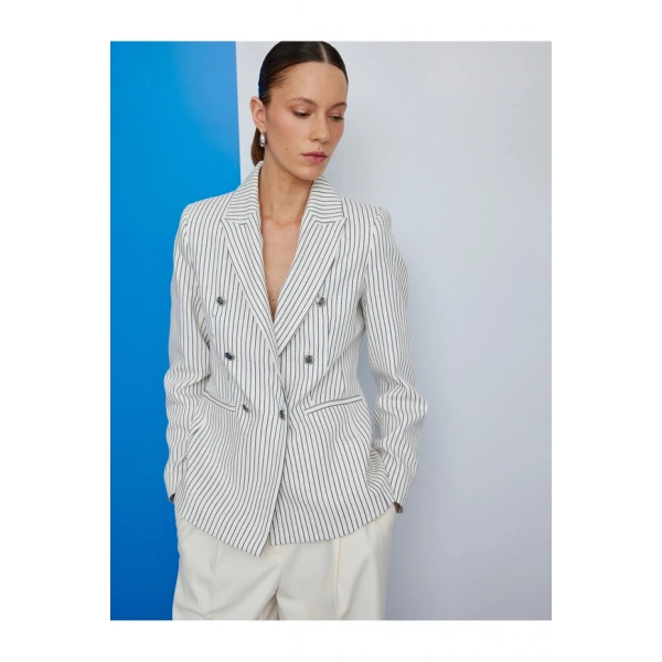 Koton Düğmeli Cepli Kruvaze Çizgili Blazer Ceket
