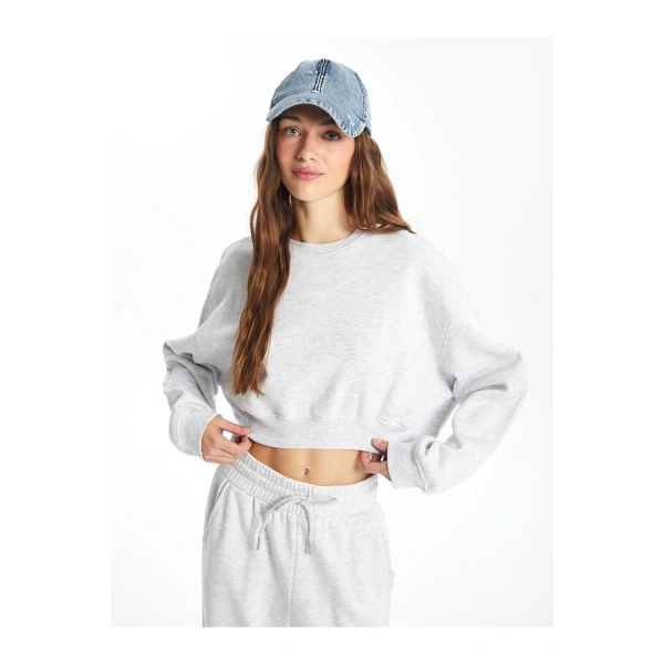 LC Waikiki Bisiklet Yaka Düz Oversize Crop Kadın Sweatshirt