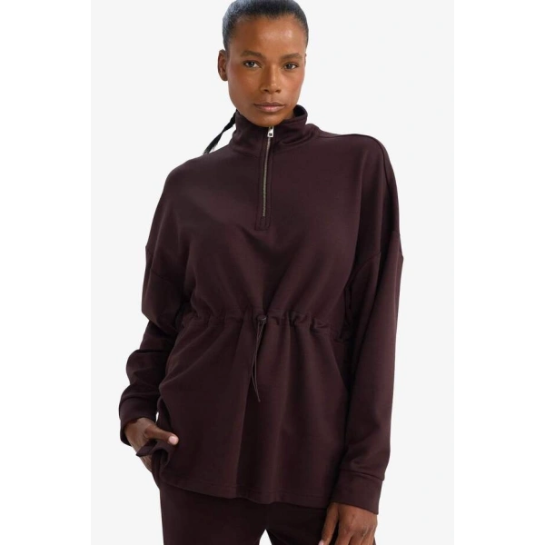 Defacto Long Fit Dik Yaka Beli Lastikli Yarım Fermuarlı Modal Sporcu Sweatshirt