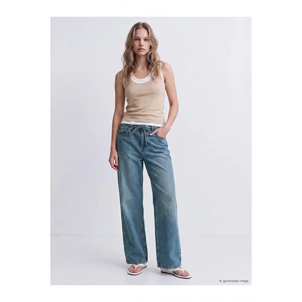 LC Waikiki LCW Jeans İndigo Beli Lastikli Wideleg Kadın Jean Pantolon